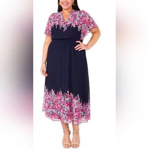 MSK Navy Midi Dress with Pink Floral Accents
